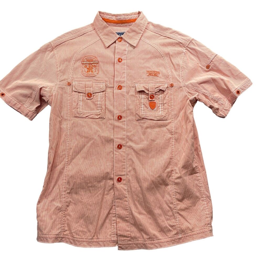 Parish‎ Nation XL 100% Cotton Button Up Pin Stripe Men's Casual Short Sleeve